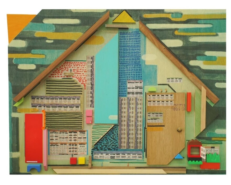 Lam Tung-pang 
Title: House of Heaven no.0
Year: 2016
Media: Acrylics, marker, scale models, newspaper and wooden toys on plywood
Dimensions: 80 x 105 x 7cm