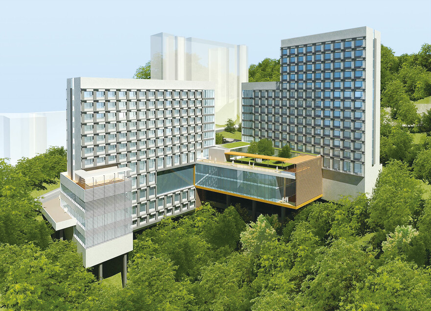 Lee Woo Sing College Campus Perspective<br>
Located by Residence Road, Lee Woo Sing College will be built along the contours of the hill.
