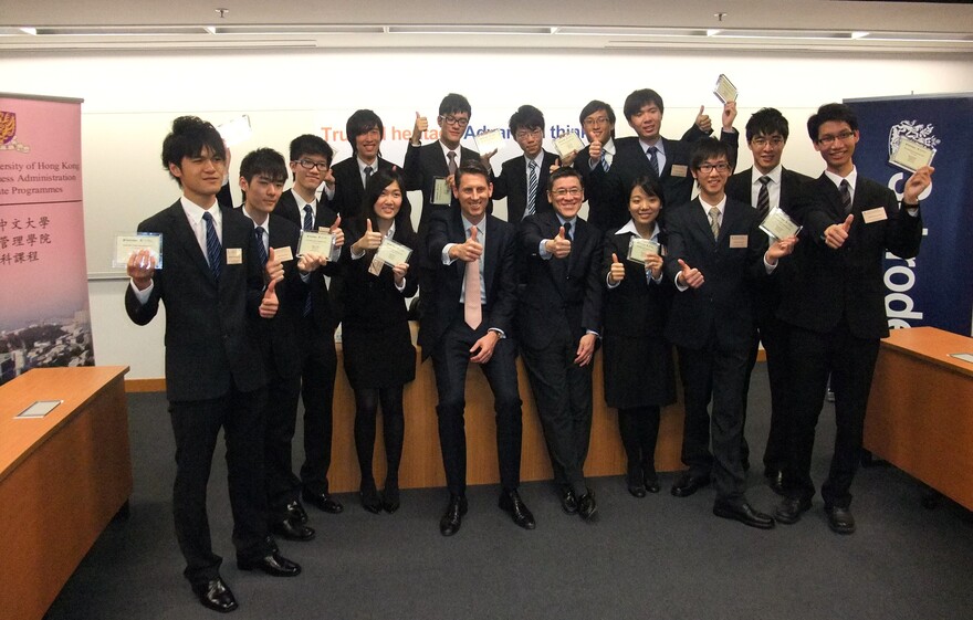 A group photo of Mr. Lieven Debruyne (fifth left, first row), CEO, Schroders Hong Kong, and Professor Wong Tak-jun (sixth left, first row), Dean, Faculty of Business Administration, CUHK, with all CUHK winning teams.